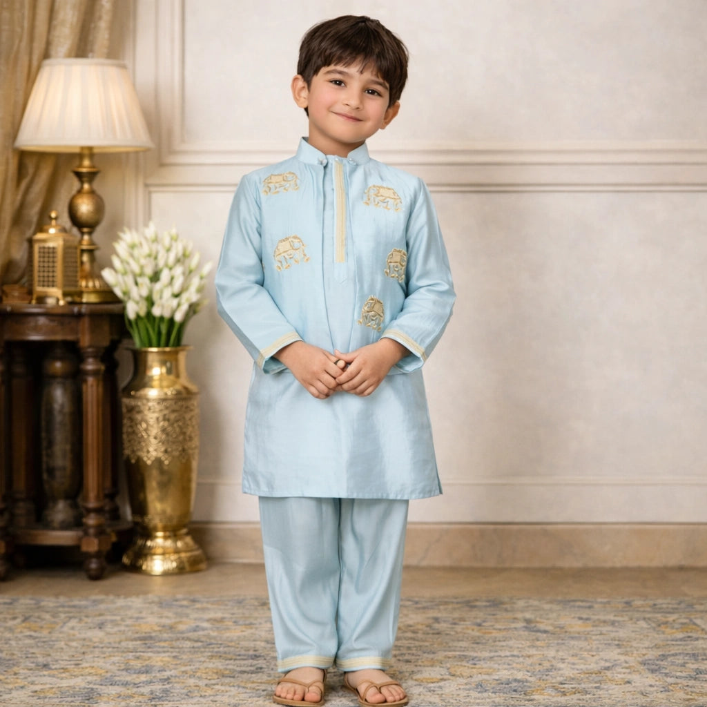 Child wearing a light blue embroidered traditional outfit, boys, kurta, set, blue, embroidery