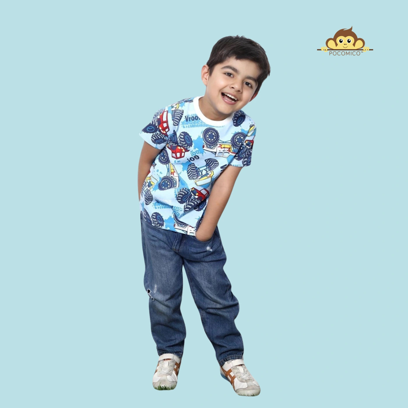 POCOMICO Boys raglan HALF sleeve t-shirt featuring a monster truck print, round neck, and back keyhole button, made from soft, eco-friendly cotton.