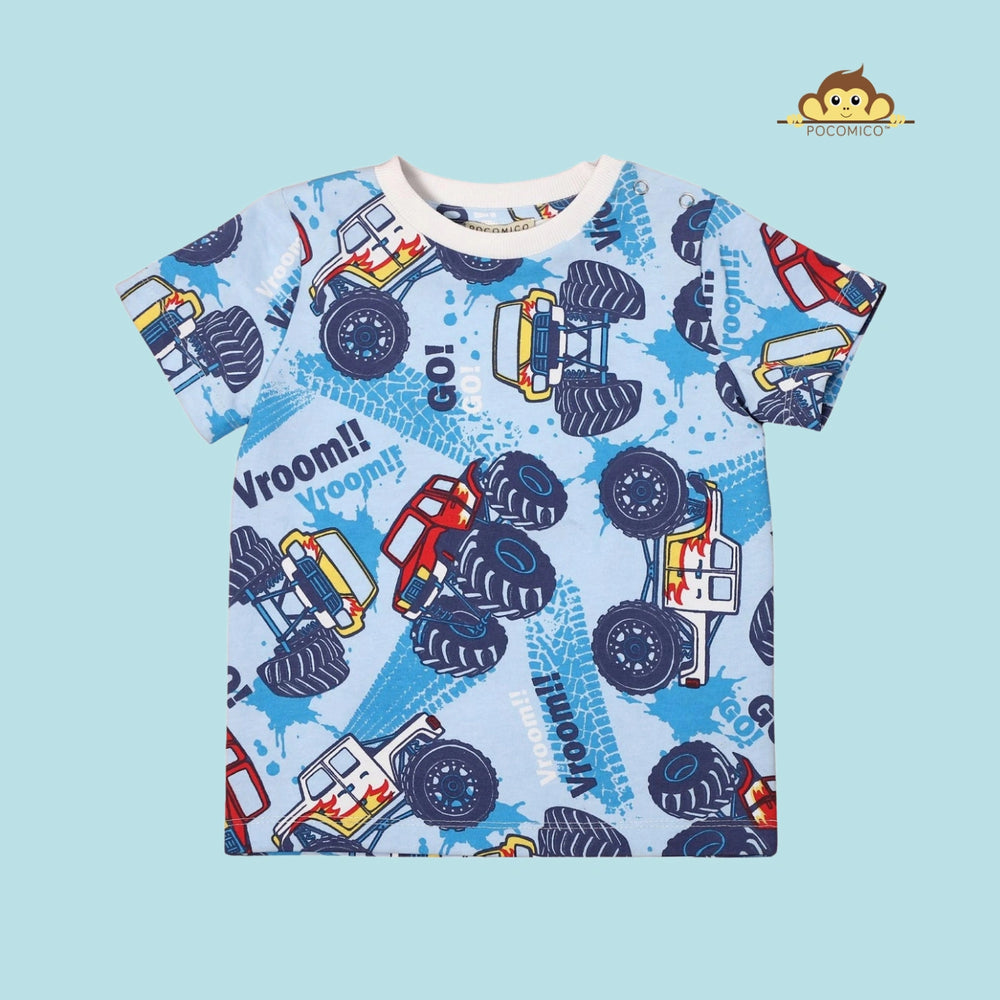 
                  
                    pocomico Boys raglan HALF sleeve t-shirt featuring a monster truck print, round neck, and back keyhole button, made from soft, eco-friendly cotton.
                  
                
