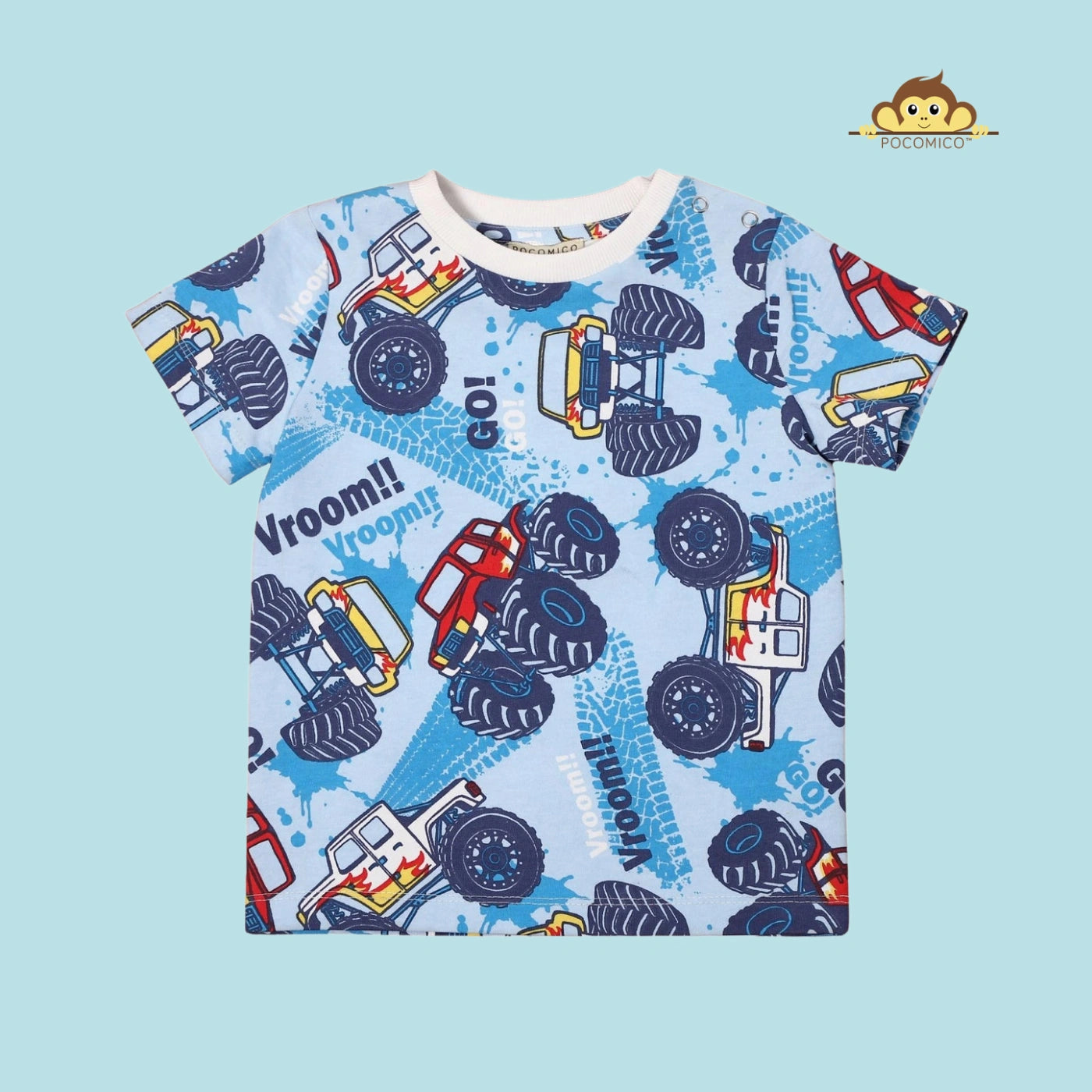 pocomico Boys raglan HALF sleeve t-shirt featuring a monster truck print, round neck, and back keyhole button, made from soft, eco-friendly cotton.