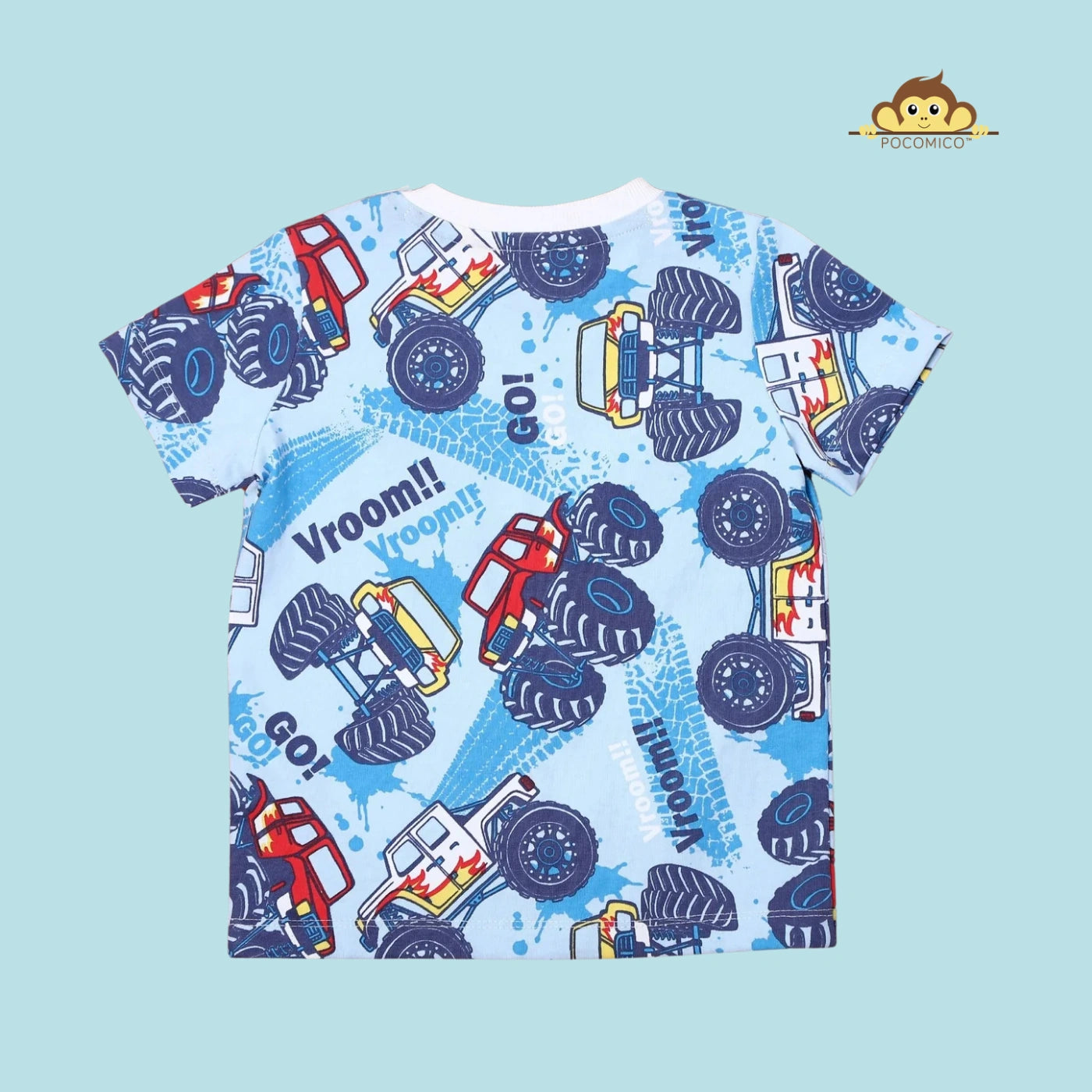 Boys raglan HALF sleeve t-shirt featuring a monster truck print, round neck, and back keyhole button, made from soft, eco-friendly cotton.