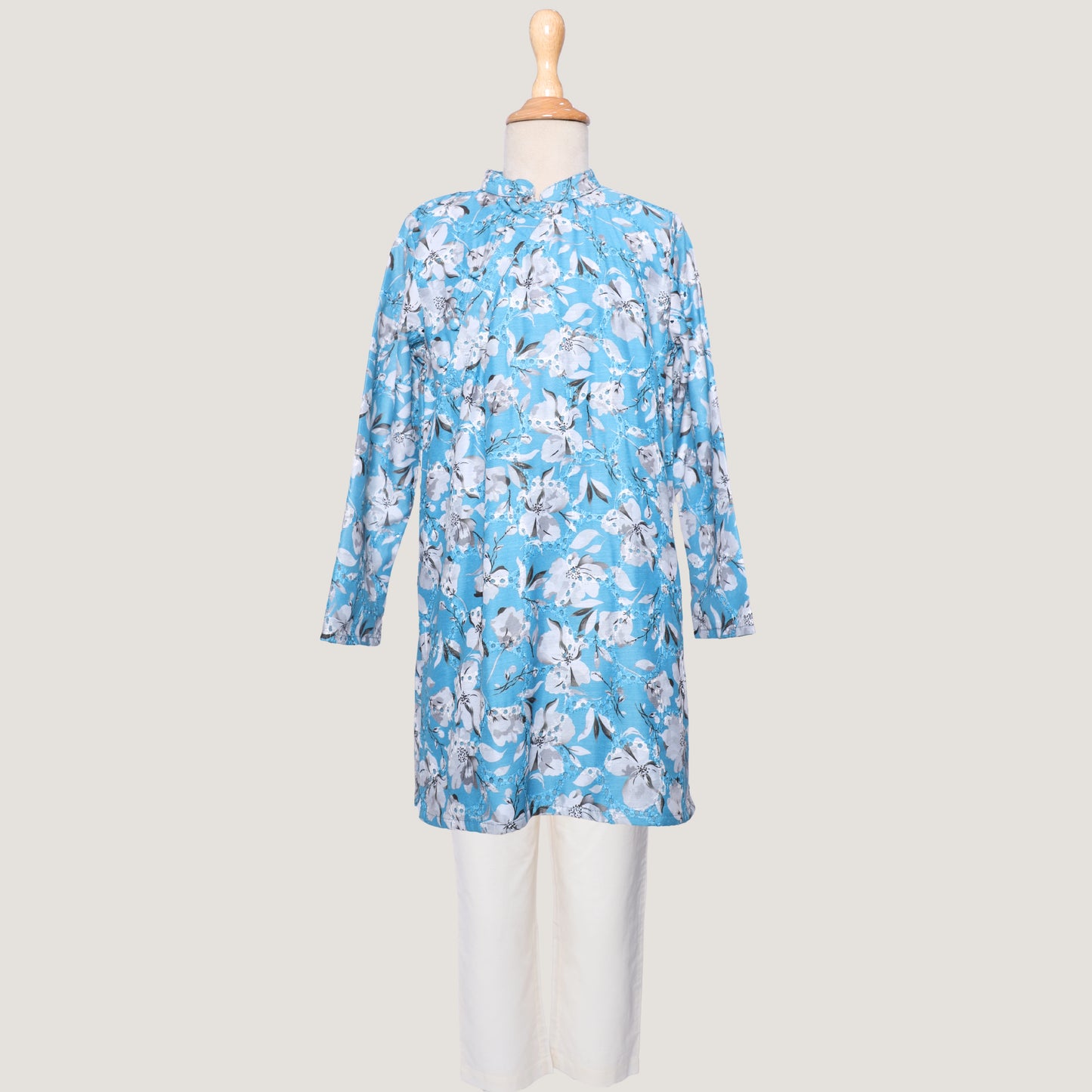 Boys-Morning-Glory-Kurta-Set-in-blue-chanderi-fabric-with-floral-prints-and-beadwork, paired-with-soft-cotton-pyjamas-for-comfort.