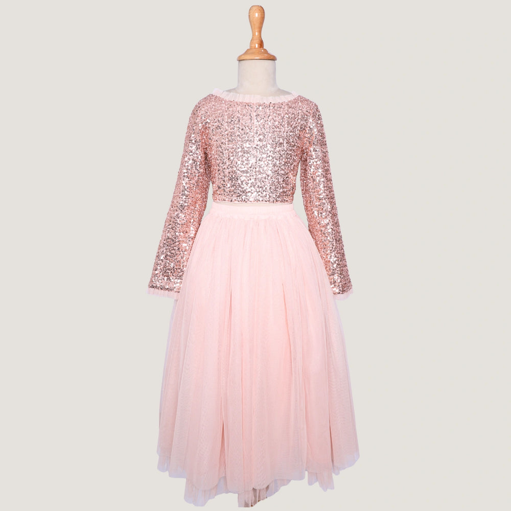 Pink+sequin+dress+mesh+frills+top+skirt+fullseleeves+pocomico+girls+party