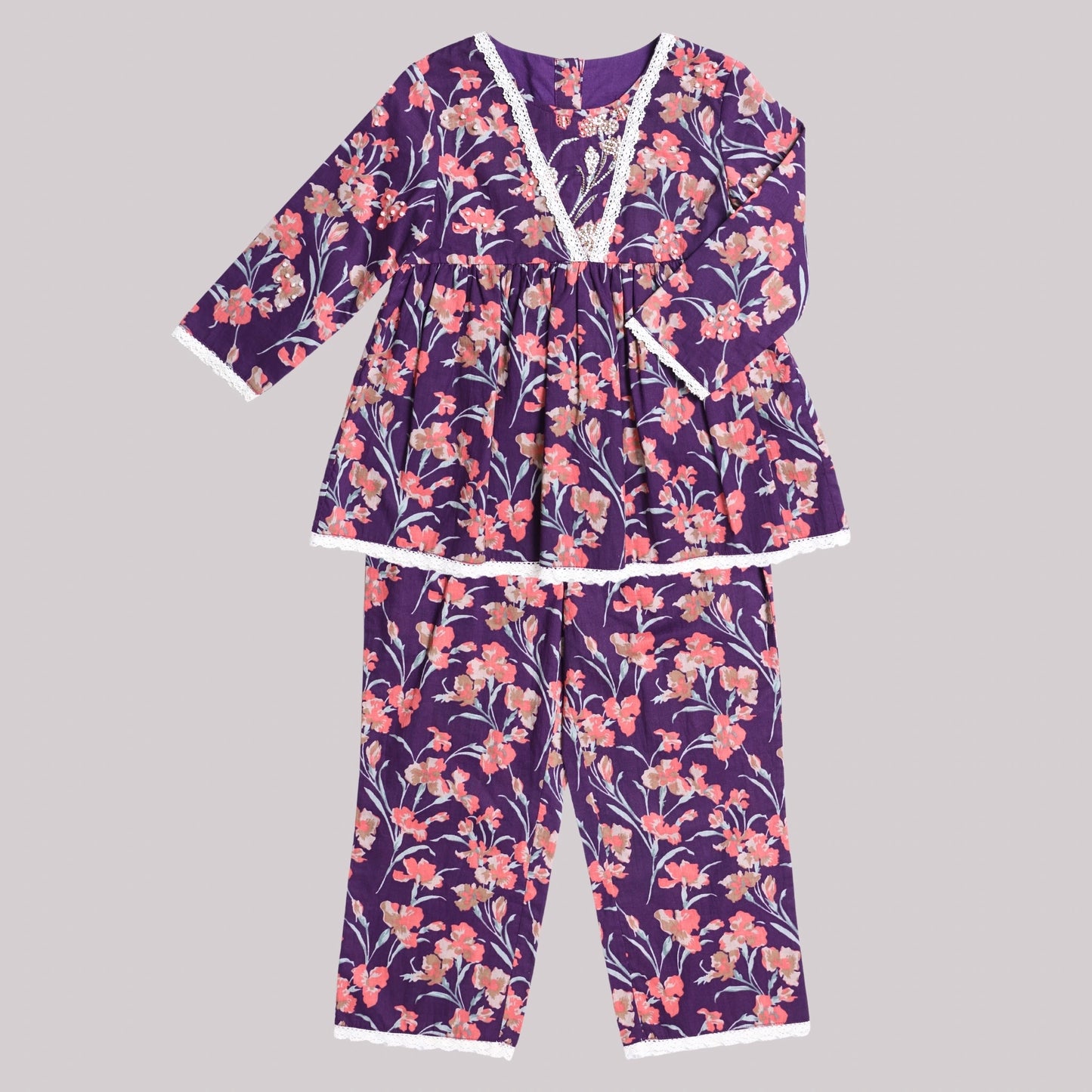 purple-icory-floral-pink-bead-work-kurti-set-pajama-girls-pocomico