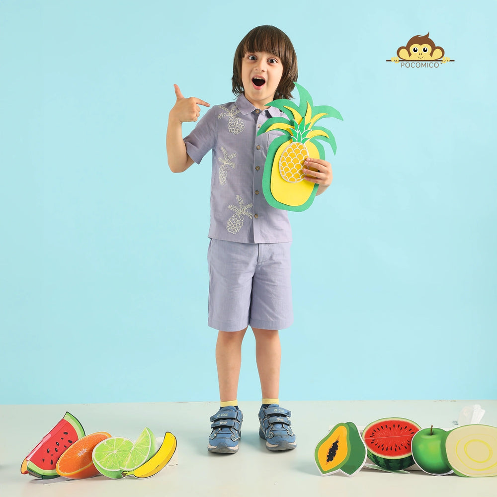 
                  
                    Pineapple Paradise + Co-ord + Set + shirt + shorts + grey + blue + embroidery + beige + collar shirt + cotton + slub + comfy + smart + casual + summer + play + fun + outfit + formal + kids  POCOMICO +  boy + party 

                  
                