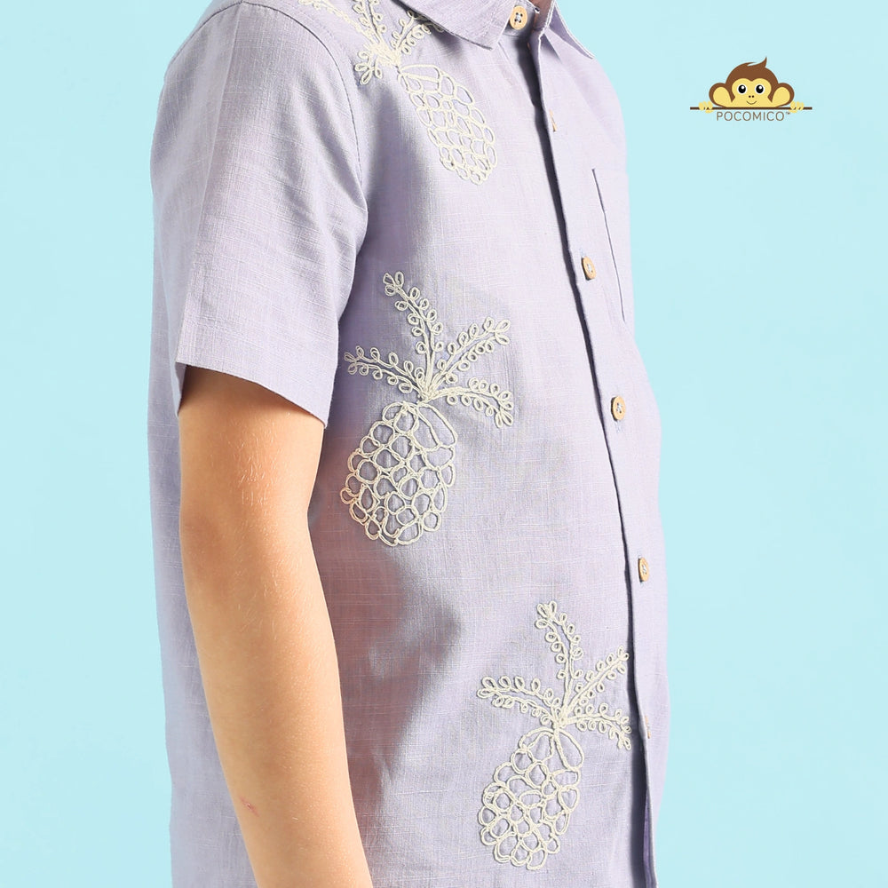 
                  
                    Pineapple Paradise + Co-ord + Set + shirt + shorts + grey + blue + embroidery + beige + collar shirt + cotton + slub + comfy + smart + casual + summer + play + fun + outfit + formal + kids  POCOMICO +  boy + party 

                  
                