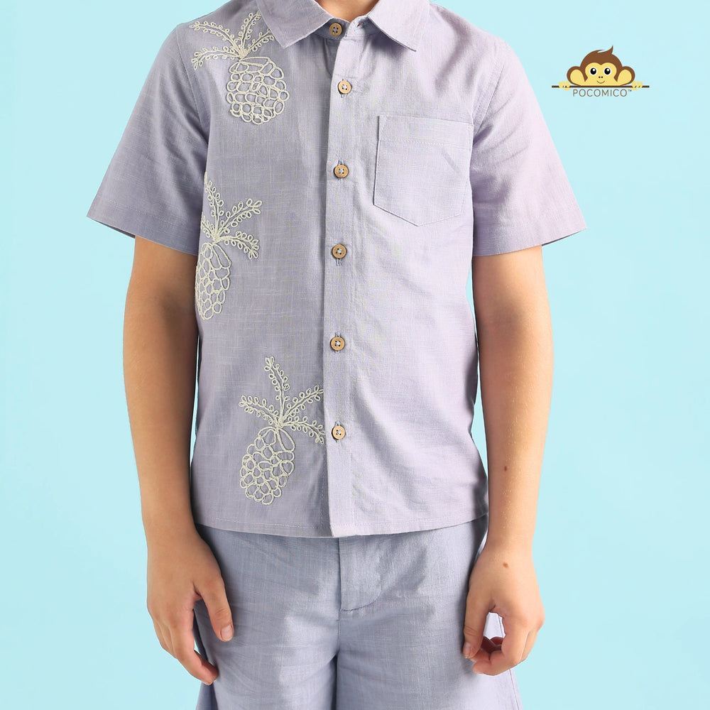 
                  
                    Pineapple Paradise + Co-ord + Set + shirt + shorts + grey + blue + embroidery + beige + collar shirt + cotton + slub + comfy + smart + casual + summer + play + fun + outfit + formal + kids  POCOMICO +  boy + party 

                  
                