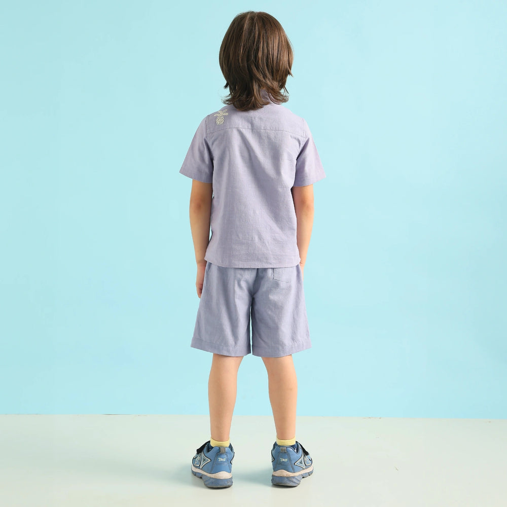 
                  
                    Pineapple Paradise + Co-ord + Set + shirt + shorts + grey + blue + embroidery + beige + collar shirt + cotton + slub + comfy + smart + casual + summer + play + fun + outfit + formal + kids  POCOMICO +  boy + party 

                  
                