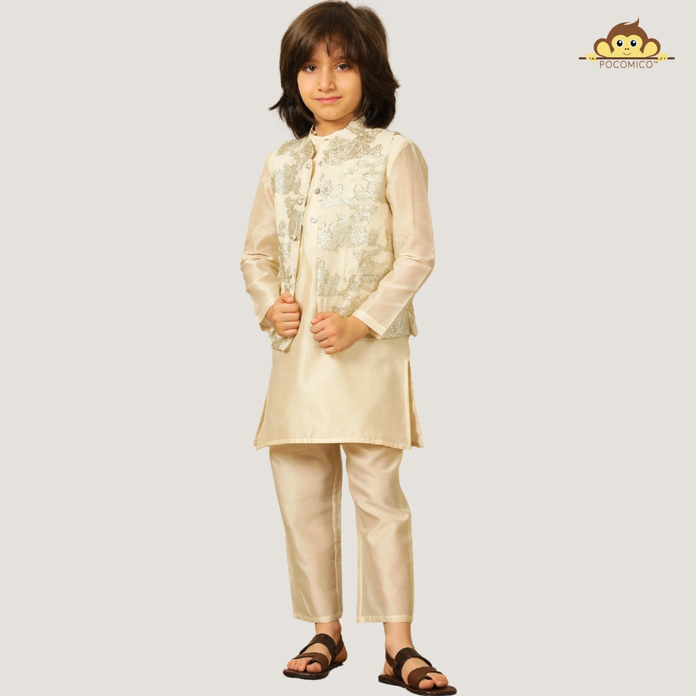 
                  
                    Crafted in solid chanderi fabric, the kurta and trousers are lightweight and festive-ready, lined with 100% BCI-certified cotton for extra comfort. The highlight of this look is the jacquard Nehru jacket
                  
                