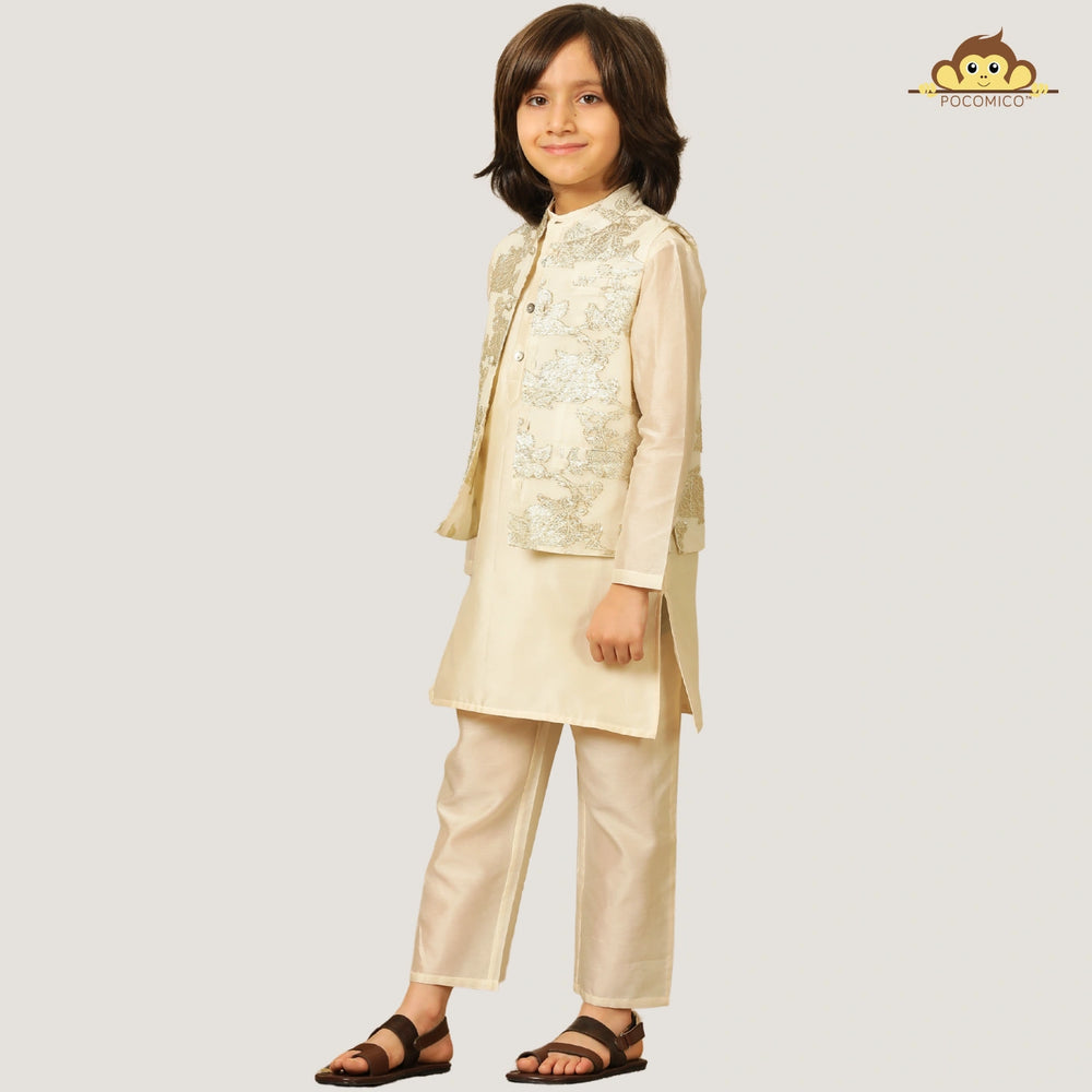 
                  
                    Crafted in solid chanderi fabric, the kurta and trousers are lightweight and festive-ready, lined with 100% BCI-certified cotton for extra comfort. The highlight of this look is the jacquard Nehru jacket
                  
                