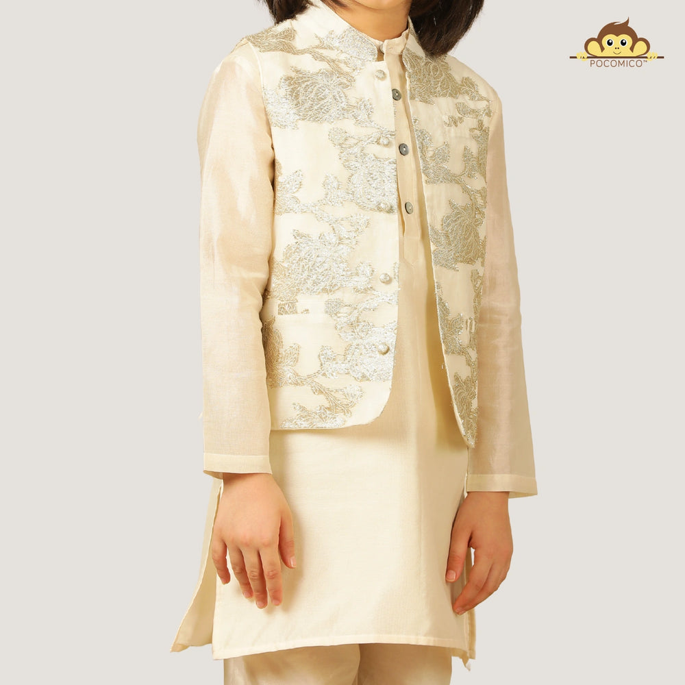 
                  
                    Crafted in solid chanderi fabric, the kurta and trousers are lightweight and festive-ready, lined with 100% BCI-certified cotton for extra comfort. The highlight of this look is the jacquard Nehru jacket
                  
                