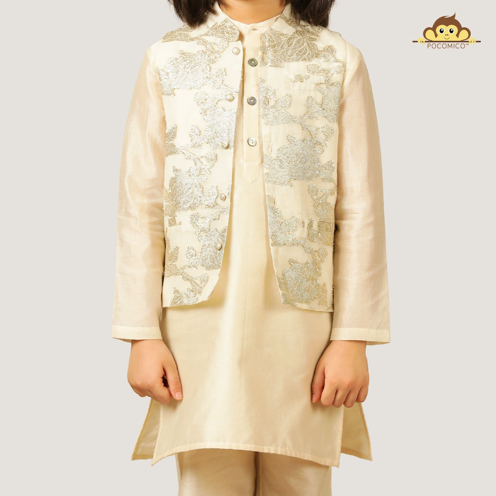 
                  
                    Crafted in solid chanderi fabric, the kurta and trousers are lightweight and festive-ready, lined with 100% BCI-certified cotton for extra comfort. The highlight of this look is the jacquard Nehru jacket
                  
                