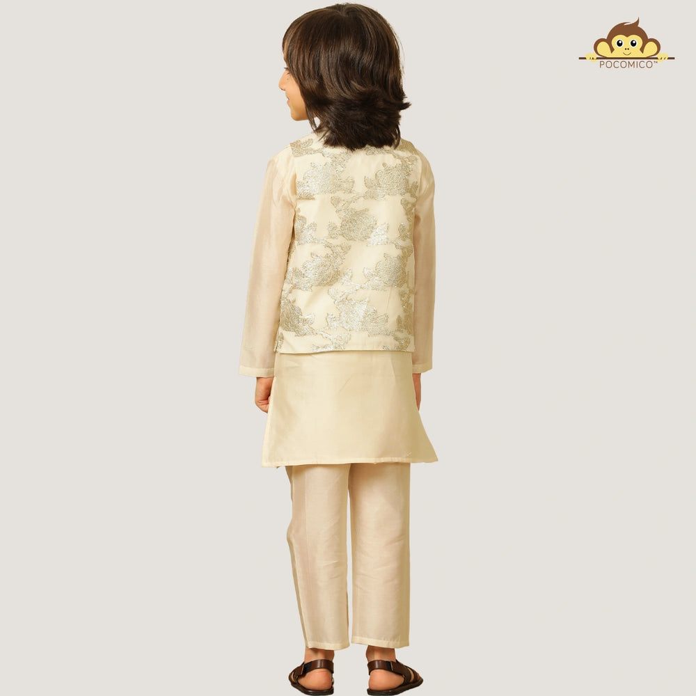 
                  
                    Crafted in solid chanderi fabric, the kurta and trousers are lightweight and festive-ready, lined with 100% BCI-certified cotton for extra comfort. The highlight of this look is the jacquard Nehru jacket
                  
                
