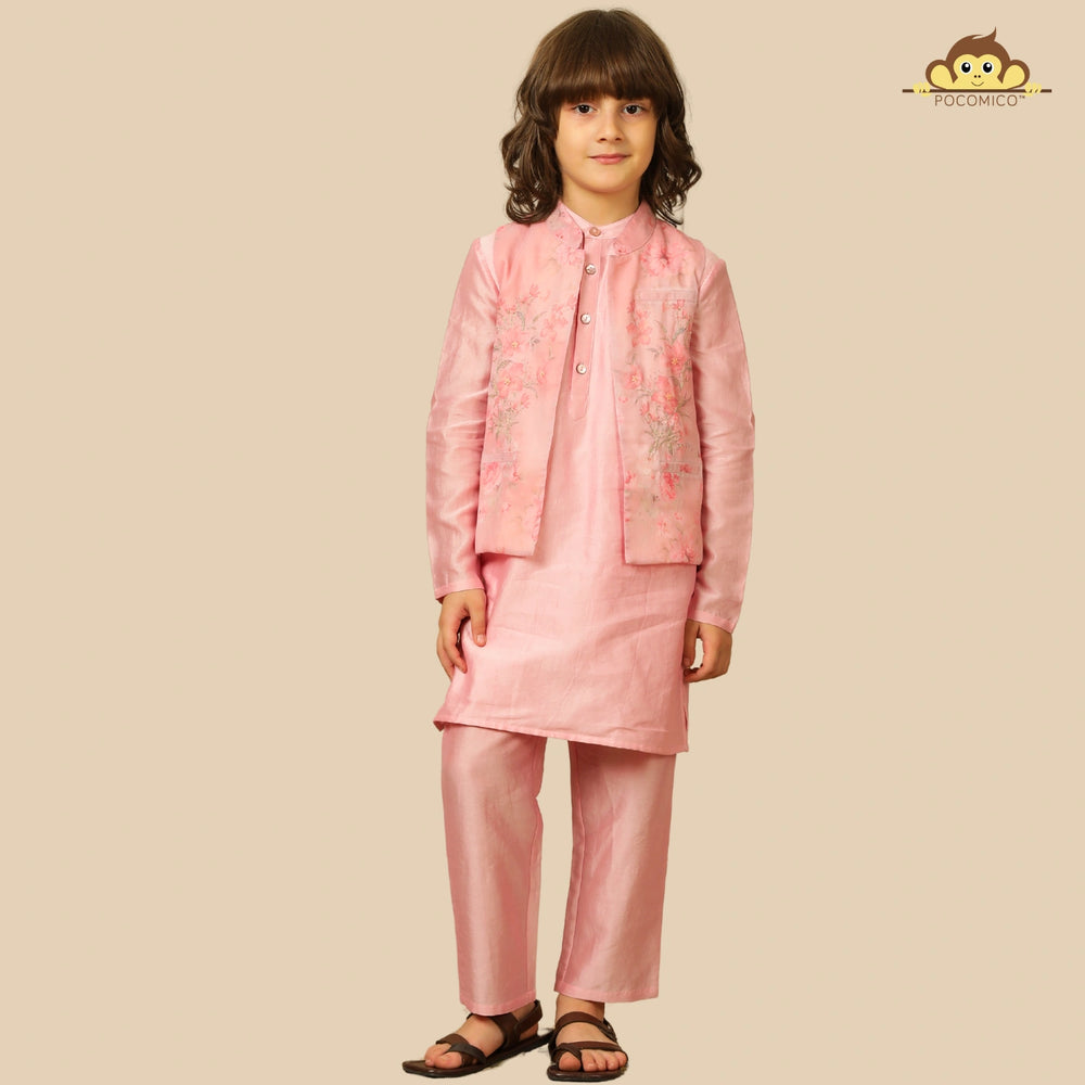 
                  
                    The Gulbahaar set is a graceful ode to festive tradition, featuring a pastel pink chanderi kurta paired with straight pants and a finely embroidered Nehru jacket blooming with soft floral design. 
                  
                