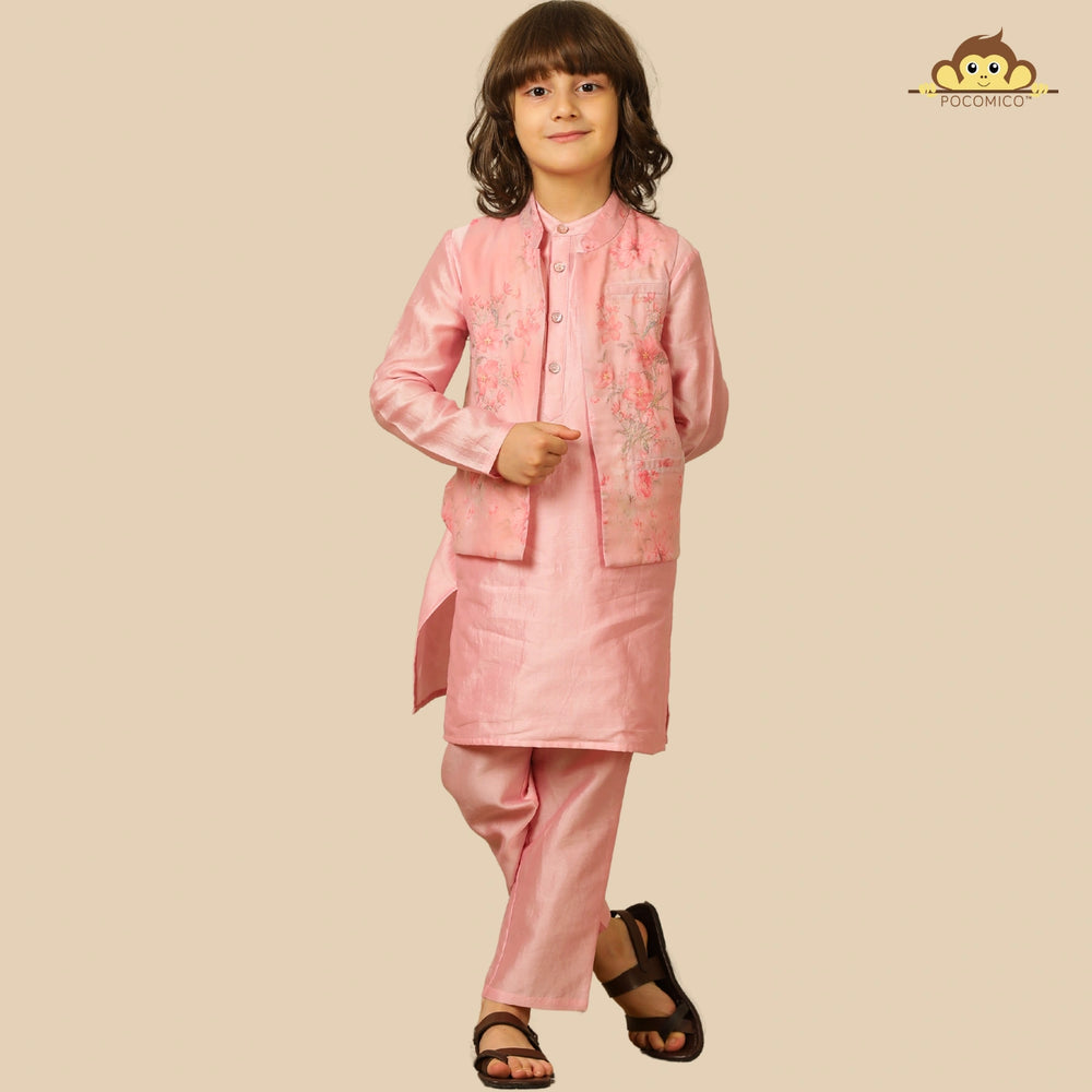 
                  
                    The Gulbahaar set is a graceful ode to festive tradition, featuring a pastel pink chanderi kurta paired with straight pants and a finely embroidered Nehru jacket blooming with soft floral design. 
                  
                