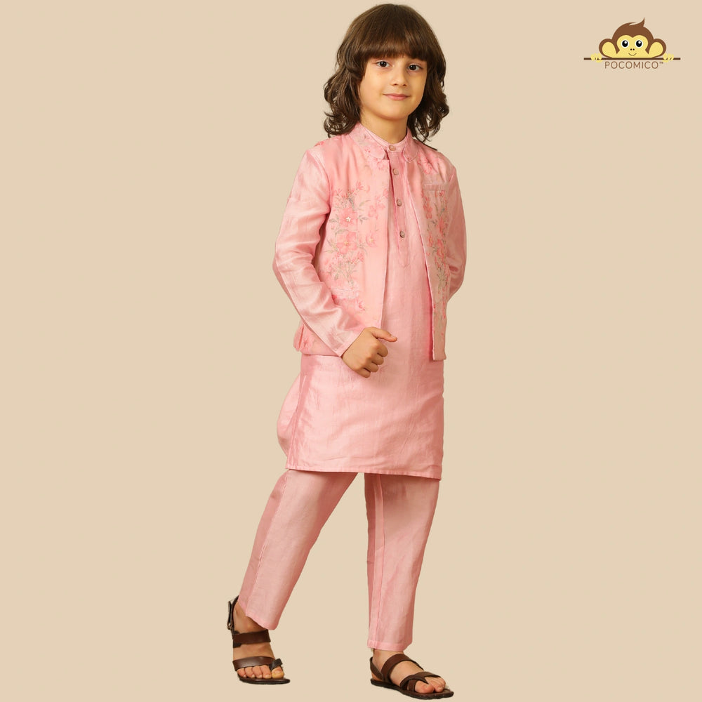 
                  
                    The Gulbahaar set is a graceful ode to festive tradition, featuring a pastel pink chanderi kurta paired with straight pants and a finely embroidered Nehru jacket blooming with soft floral design. 
                  
                