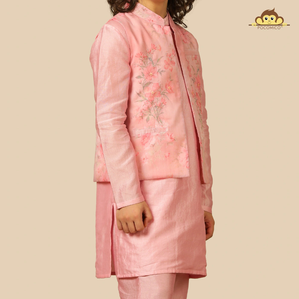 
                  
                    The Gulbahaar set is a graceful ode to festive tradition, featuring a pastel pink chanderi kurta paired with straight pants and a finely embroidered Nehru jacket blooming with soft floral design. 
                  
                