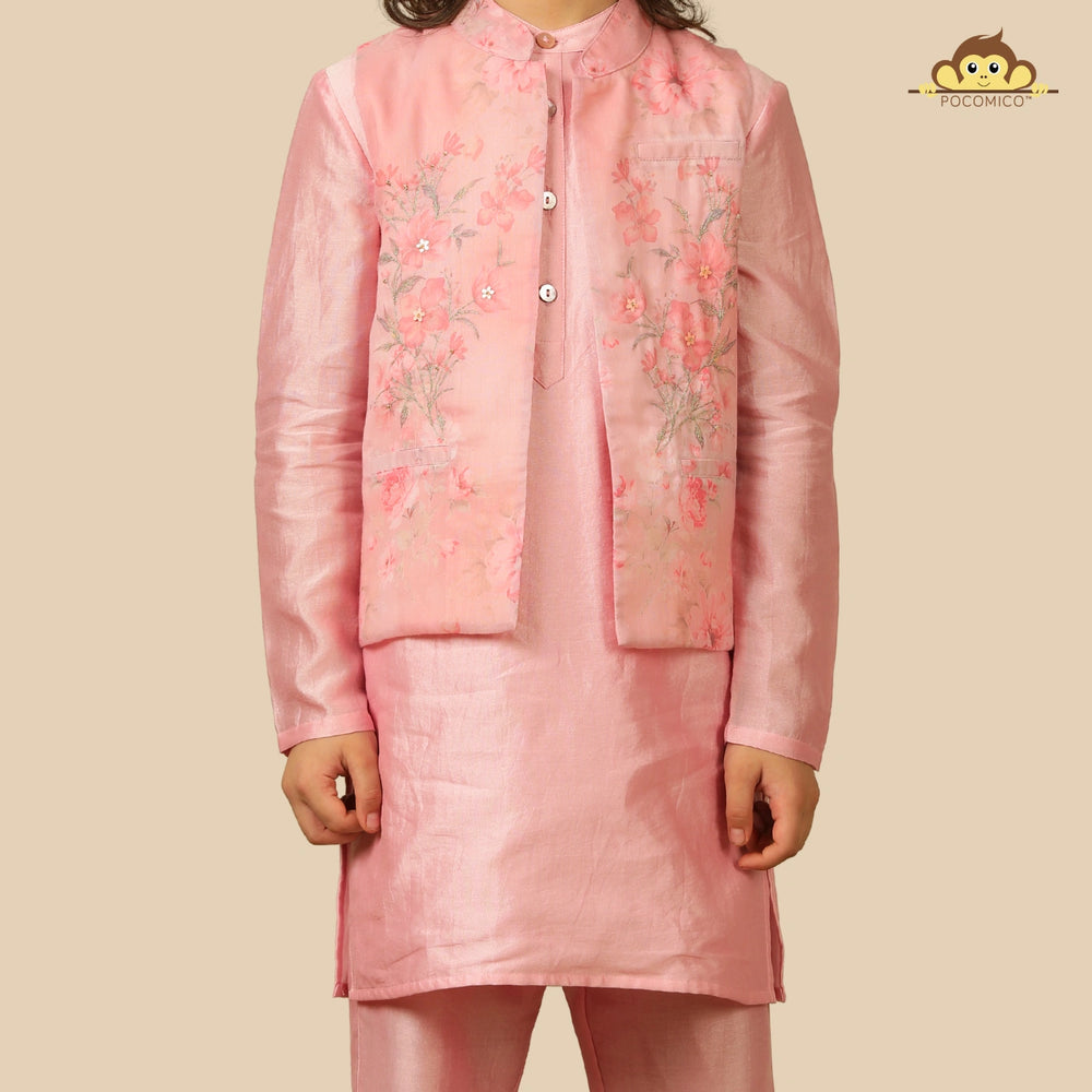 
                  
                    The Gulbahaar set is a graceful ode to festive tradition, featuring a pastel pink chanderi kurta paired with straight pants and a finely embroidered Nehru jacket blooming with soft floral design. 
                  
                