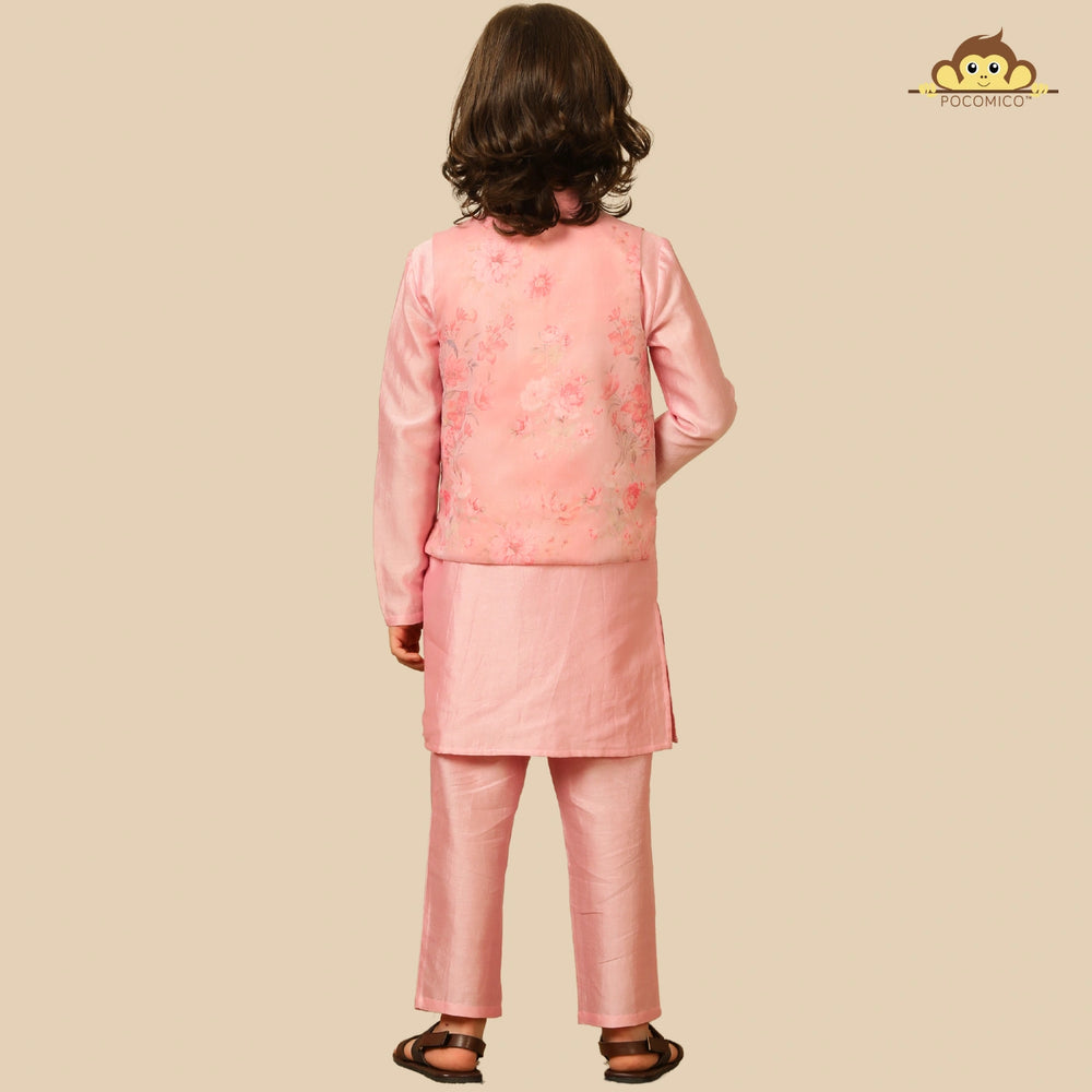 
                  
                    The Gulbahaar set is a graceful ode to festive tradition, featuring a pastel pink chanderi kurta paired with straight pants and a finely embroidered Nehru jacket blooming with soft floral design. 
                  
                