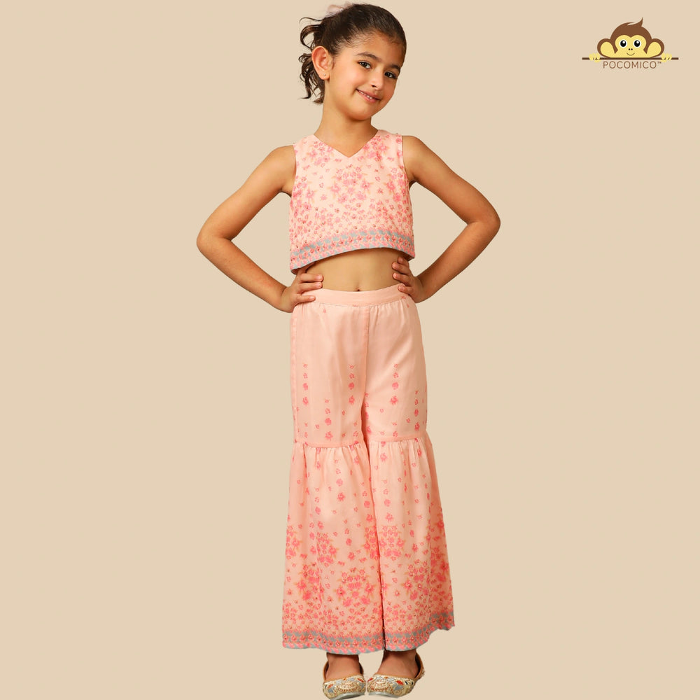
                  
                    The Meher Sharara Set is a fresh and festive outfit designed for twirls and celebrations. Featuring a sleeveless crop top with a V-neckline and delicate floral embroidery, it’s paired with matching tiered sharara pants
                  
                