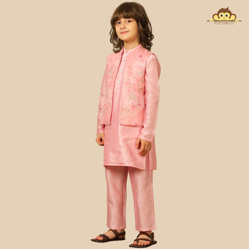 
                  
                    The Gulbahaar set is a graceful ode to festive tradition, featuring a pastel pink chanderi kurta paired with straight pants and a finely embroidered Nehru jacket blooming with soft floral design. 
                  
                