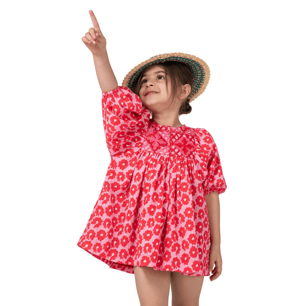 PocoMico- Crochet Yoke -Embroidery-Dress-red-cotton-girls-casual