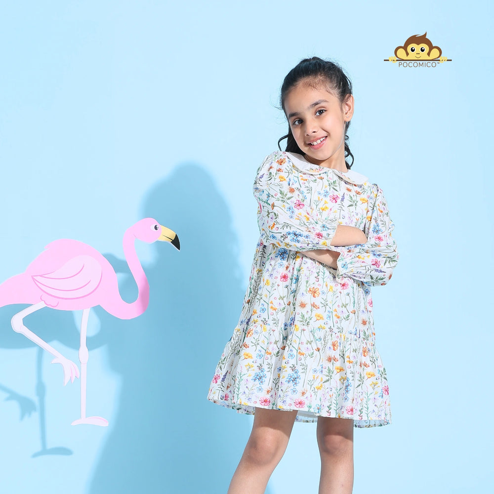 colorful dress + flower dress + Peter Pan collar dress + full sleeves flower dress + flowerful girl dress + dress for cute girl + colorful+Secret+Garden+dress+for+girls+chasing+butterflies+Pocomico+floral+print+dress+with+Peter+Pan+collar+comfortable+chanderi+fabric+dress+for+cute+girls+full+sleeves+flowerful+dress