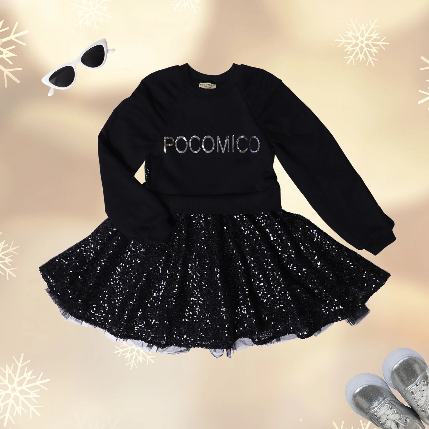 black-winter-dress-sweatshirt-skirt-sequin-mesh-foil printed-pocomico-warm