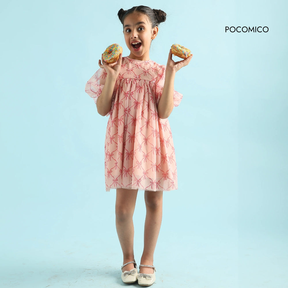 Elegant + pink + Starlit + Blush  Dress + with delicate details + perfect + special occasions + bow + sequins + pink + balloon sleeves + mesh + cambric + cotton + lining + party + formal + fun + kids + girl + birthday + POCOMICO