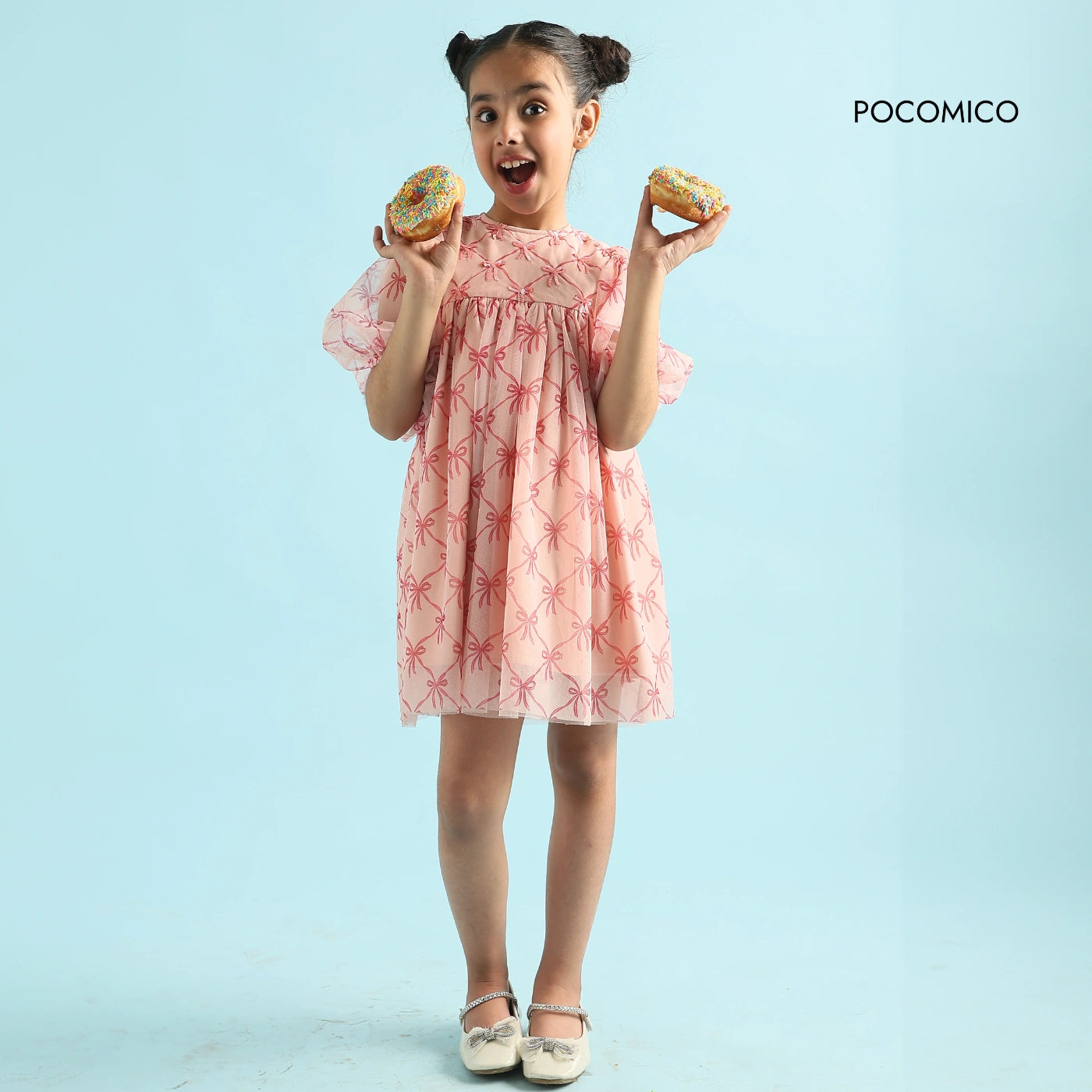 Elegant + pink + Starlit + Blush  Dress + with delicate details + perfect + special occasions + bow + sequins + pink + balloon sleeves + mesh + cambric + cotton + lining + party + formal + fun + kids + girl + birthday + POCOMICO