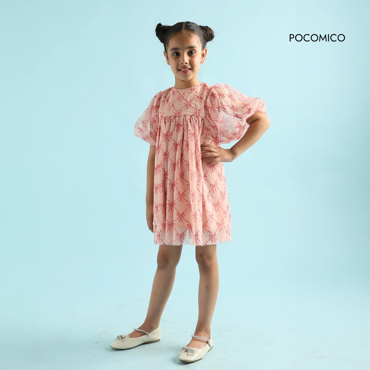 Elegant + pink + Starlit + Blush  Dress + with delicate details + perfect + special occasions + bow + sequins + pink + balloon sleeves + mesh + cambric + cotton + lining + party + formal + fun + kids + girl + birthday + POCOMICO