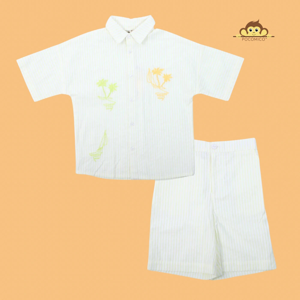 
                  
                    POCOMICO + Summer  + Breeze + Seersucker + Co-ord + Set + boys +  + relaxed fit + soft + BCI cotton + seersucker + summer + shirt + short + Boys + set + play + formal + smart + casual + pastel + green + stripes + embroidery + palm tree 
                  
                