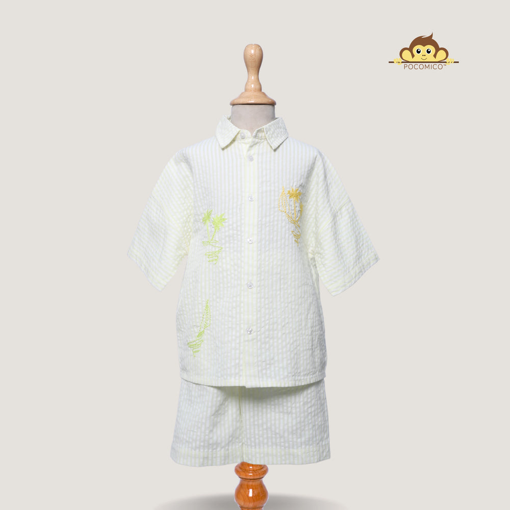 POCOMICO + Summer  + Breeze + Seersucker + Co-ord + Set + boys +  + relaxed fit + soft + BCI cotton + seersucker + summer + shirt + short + Boys + set + play + formal + smart + casual + pastel + green + stripes + embroidery + palm tree 