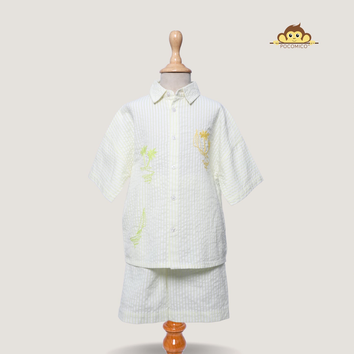 POCOMICO + Summer  + Breeze + Seersucker + Co-ord + Set + boys +  + relaxed fit + soft + BCI cotton + seersucker + summer + shirt + short + Boys + set + play + formal + smart + casual + pastel + green + stripes + embroidery + palm tree 