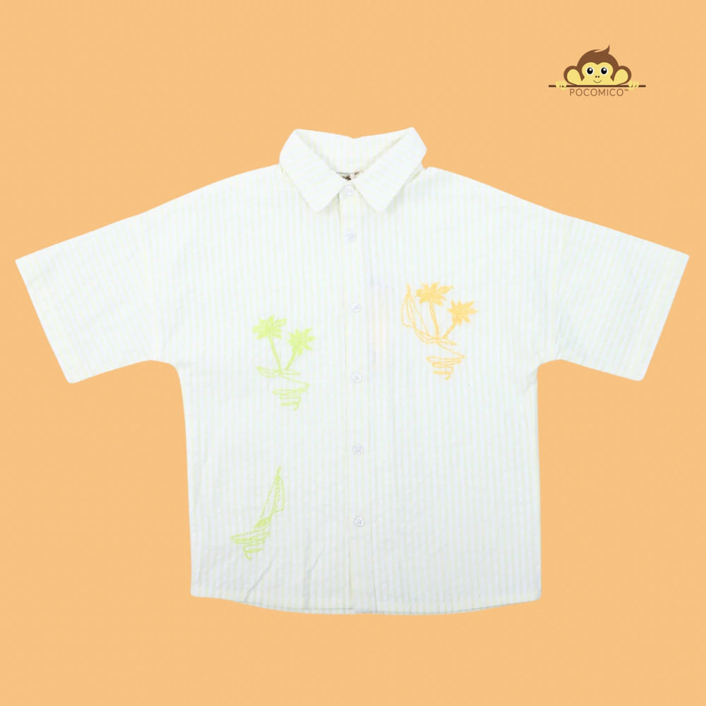 
                  
                    POCOMICO + Summer  + Breeze + Seersucker + Co-ord + Set + boys +  + relaxed fit + soft + BCI cotton + seersucker + summer + shirt + short + Boys + set + play + formal + smart + casual + pastel + green + stripes + embroidery + palm tree 
                  
                