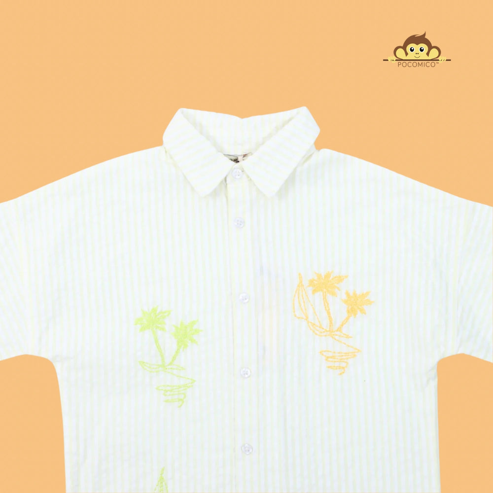 
                  
                    POCOMICO + Summer  + Breeze + Seersucker + Co-ord + Set + boys +  + relaxed fit + soft + BCI cotton + seersucker + summer + shirt + short + Boys + set + play + formal + smart + casual + pastel + green + stripes + embroidery + palm tree 
                  
                