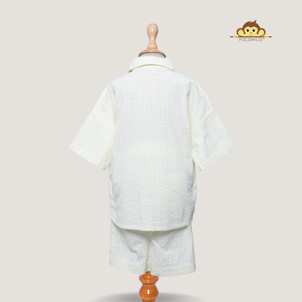 
                  
                    POCOMICO + Summer  + Breeze + Seersucker + Co-ord + Set + boys +  + relaxed fit + soft + BCI cotton + seersucker + summer + shirt + short + Boys + set + play + formal + smart + casual + pastel + green + stripes + embroidery + palm tree 
                  
                