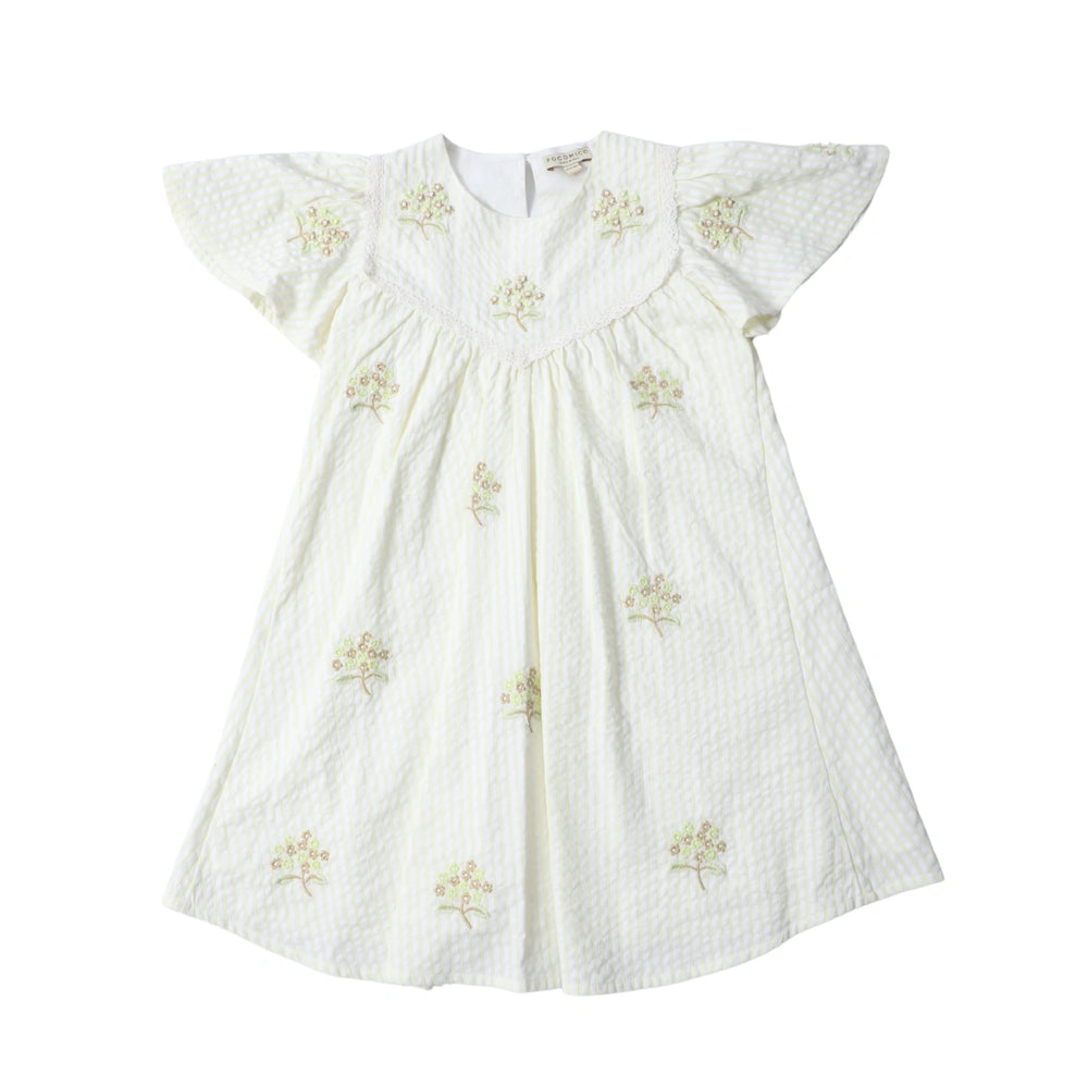 
                  
                    Breeze Embroidered Dress + POCOMICO + whimsical design + 100% BCI cotton + soft lime yellow fabric + delicate embroidery + girls adventure outfit + versatile layering piece + perfect for exploring and expressing creativity + stylish and comfortable + floral + embroidery + flower + seersucker fabric
                  
                