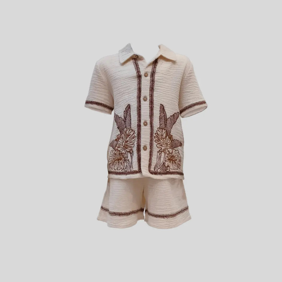 brown-beige-embroidered-coordinate set-boy-organic-cotton-gauze-pocomico