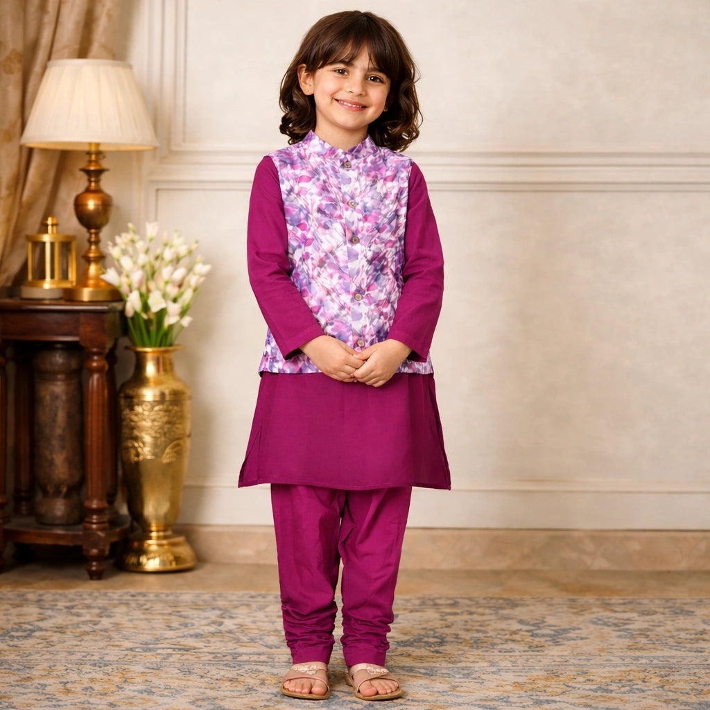 Child wearing a purple traditional outfit with a floral top in a decorated room.