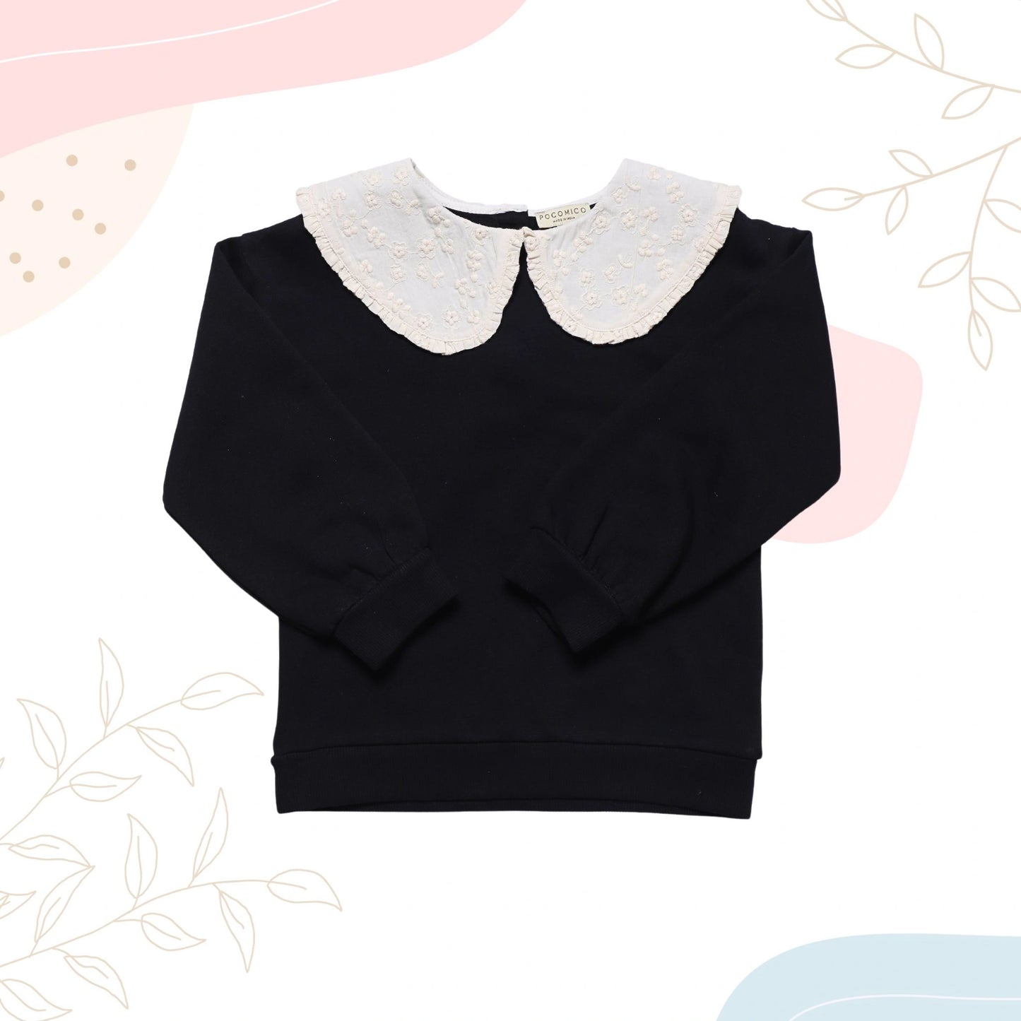black-pullover-sweatshirt-peter pan collar-lace-warm-fleece-winter-formal-girl-kids-pocomico