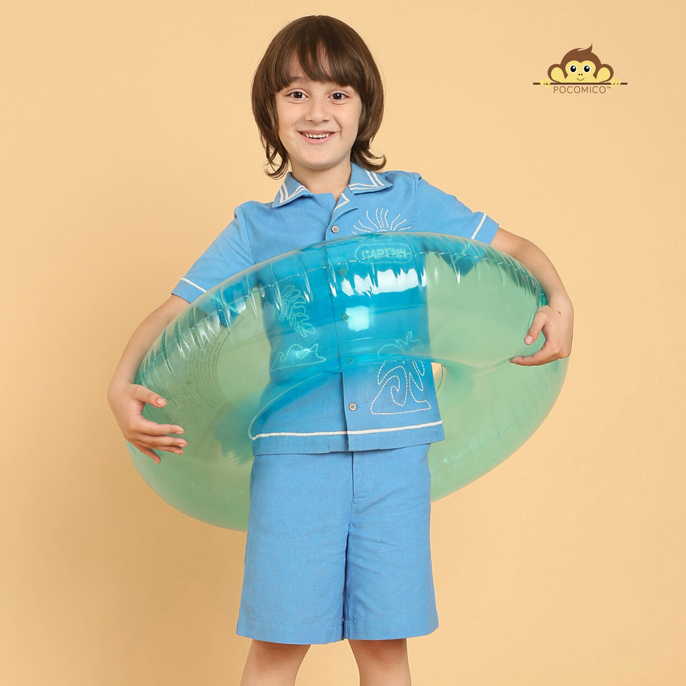 
                  
                    Blue + set + shirt + shorts + cotton + top + bottom + boy + party + formal + play + summer + hot + casual + smart + collar + white + comfort + soft + western + wear + POCOMICO
                  
                