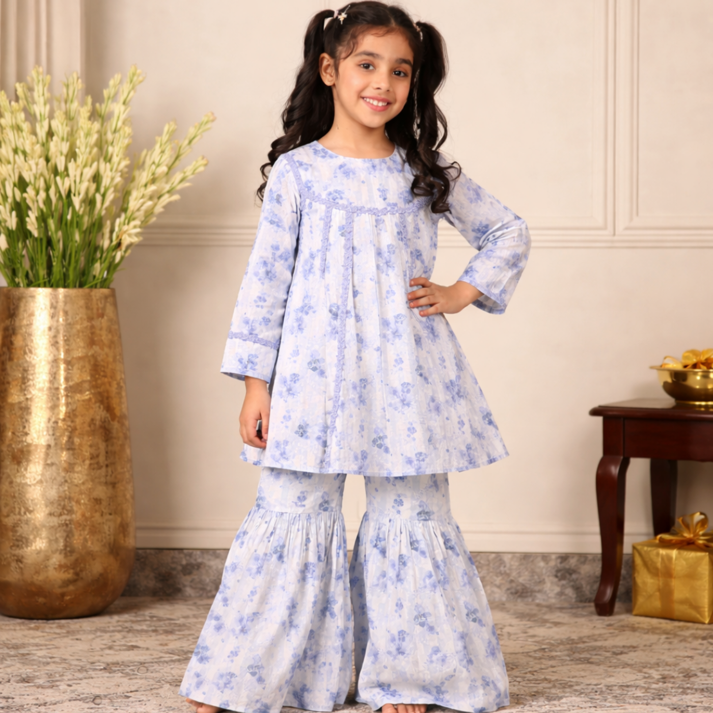 Light as a breeze and effortlessly graceful, the Neel Pari Sharara Set is crafted in 100% BCI-certified cotton for all-day comfort.