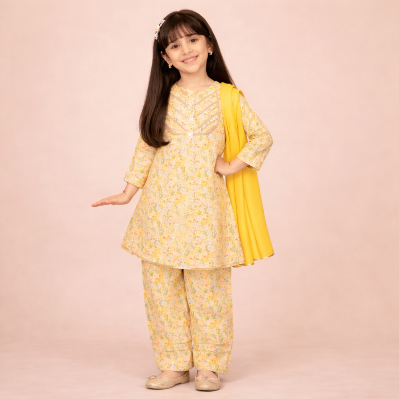 "Inspired by summer blooms, the Amaltas Festive Set is crafted in 100% BCI-certified cotton, making it breathable and perfect for warmer weather. The kurta features delicate prints and a relaxed cut, paired with comfortable bottoms for effortless wear. The bright dupatta adds a lively contrast, bringing the whole look together.

A beautiful choice for daytime festivities, family gatherings, and sunlit celebrations."