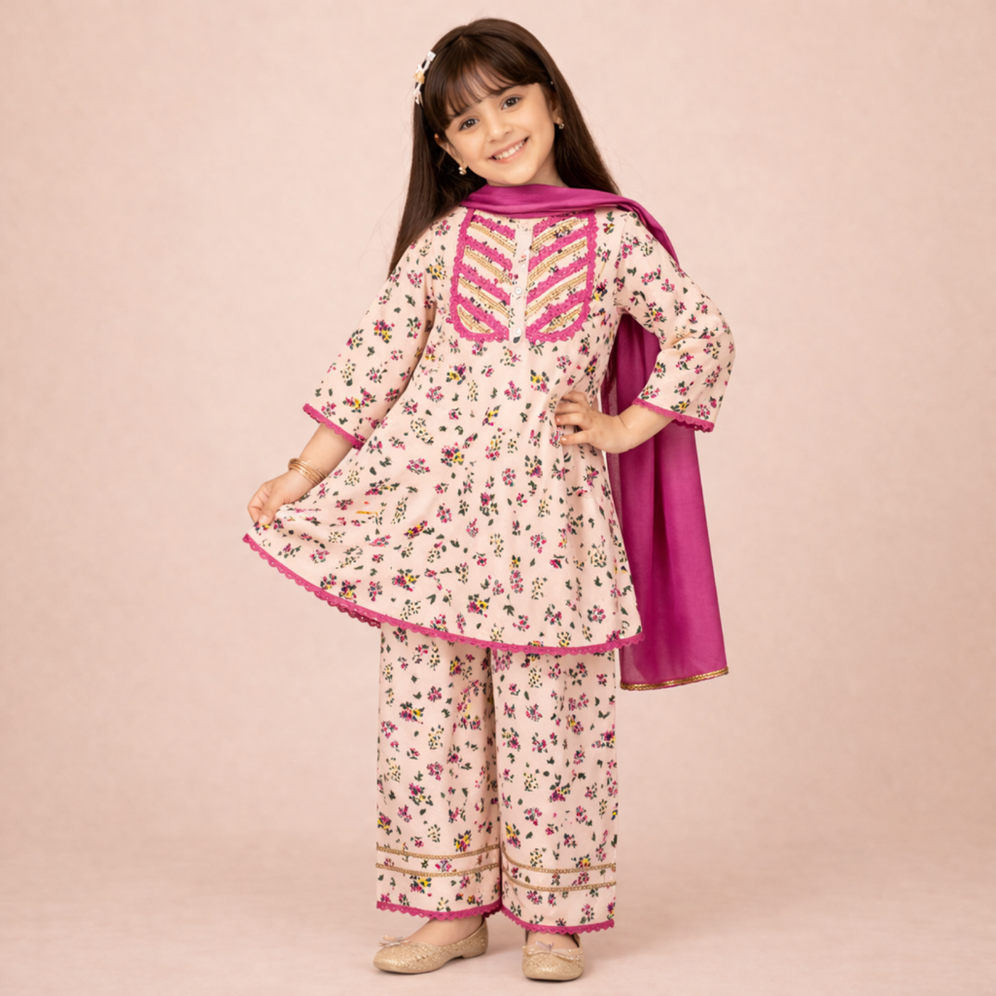 "Soft, feminine, and easy to wear, the Gulabi Phool Set is made from 100% BCI-certified cotton, ensuring comfort through long festive days. The floral-printed kurta features subtle detailing at the neckline, paired with relaxed bottoms for a fuss-free fit. The matching dupatta adds a graceful finish without feeling heavy.

Perfect for spring celebrations, casual festive wear, and family gatherings. 
"