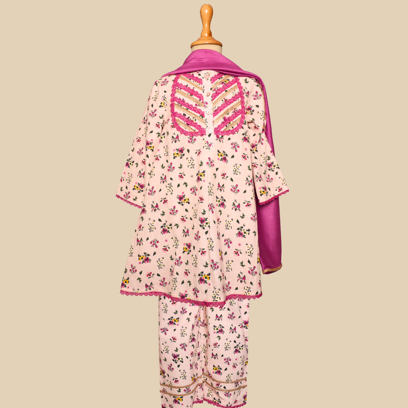 "Soft, feminine, and easy to wear, the Gulabi Phool Set is made from 100% BCI-certified cotton, ensuring comfort through long festive days. The floral-printed kurta features subtle detailing at the neckline, paired with relaxed bottoms for a fuss-free fit. The matching dupatta adds a graceful finish without feeling heavy.

Perfect for spring celebrations, casual festive wear, and family gatherings. 
"