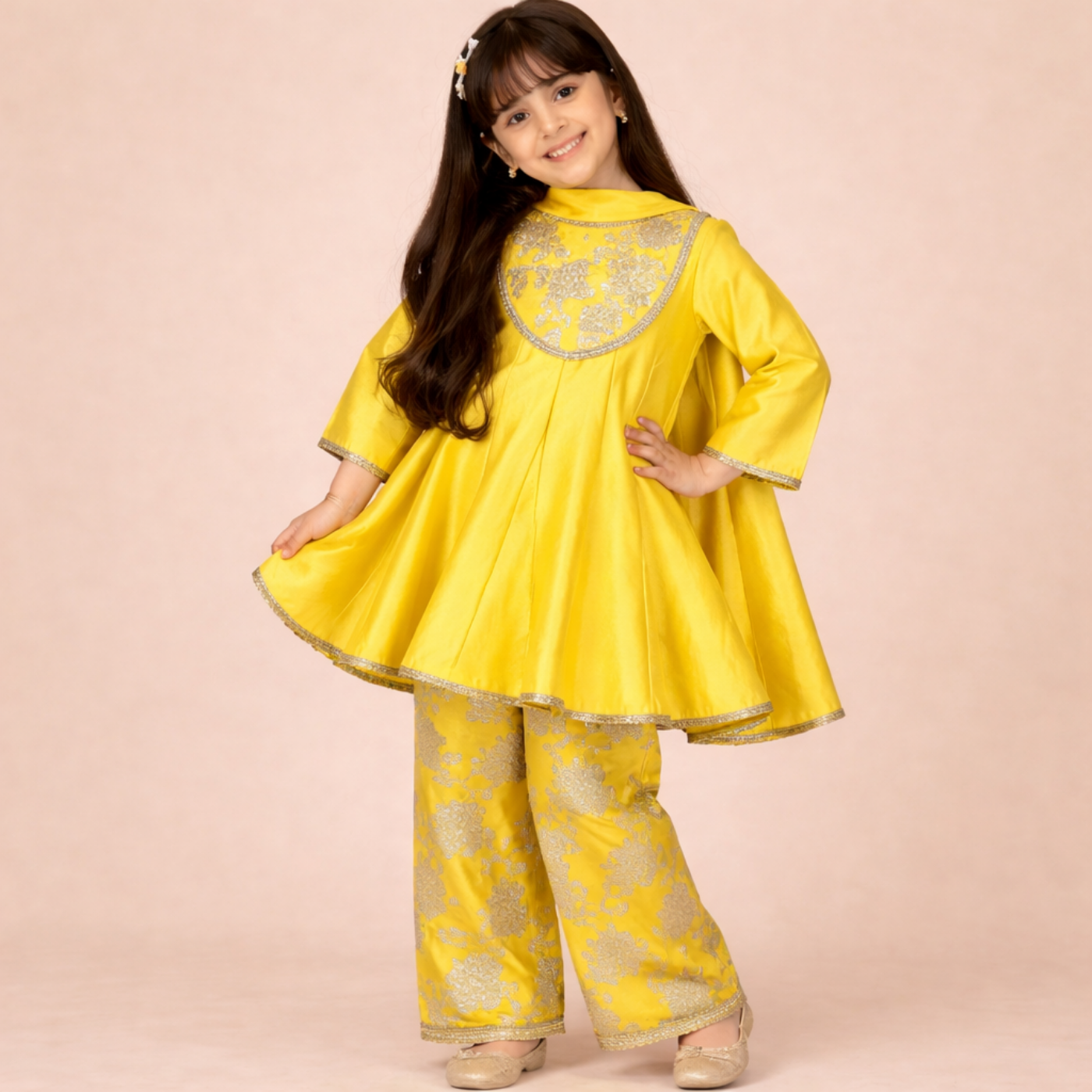 Fresh, festive, and full of sunshine! The Genda Phool Chanderi Set is a lovely choice for spring and summer dressing. Crafted in lightweight chanderi fabric and lined with 100% BCI-certified cotton, it feels soft, breathable, and easy for little ones to move in.