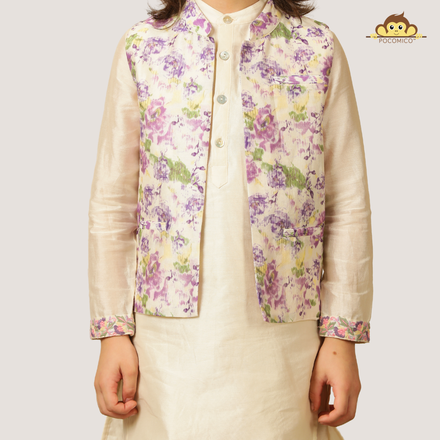 Elegant and festive, ivory chanderi kurta set for boys features delicate digital prints paired with matching embroidery on the sleeves