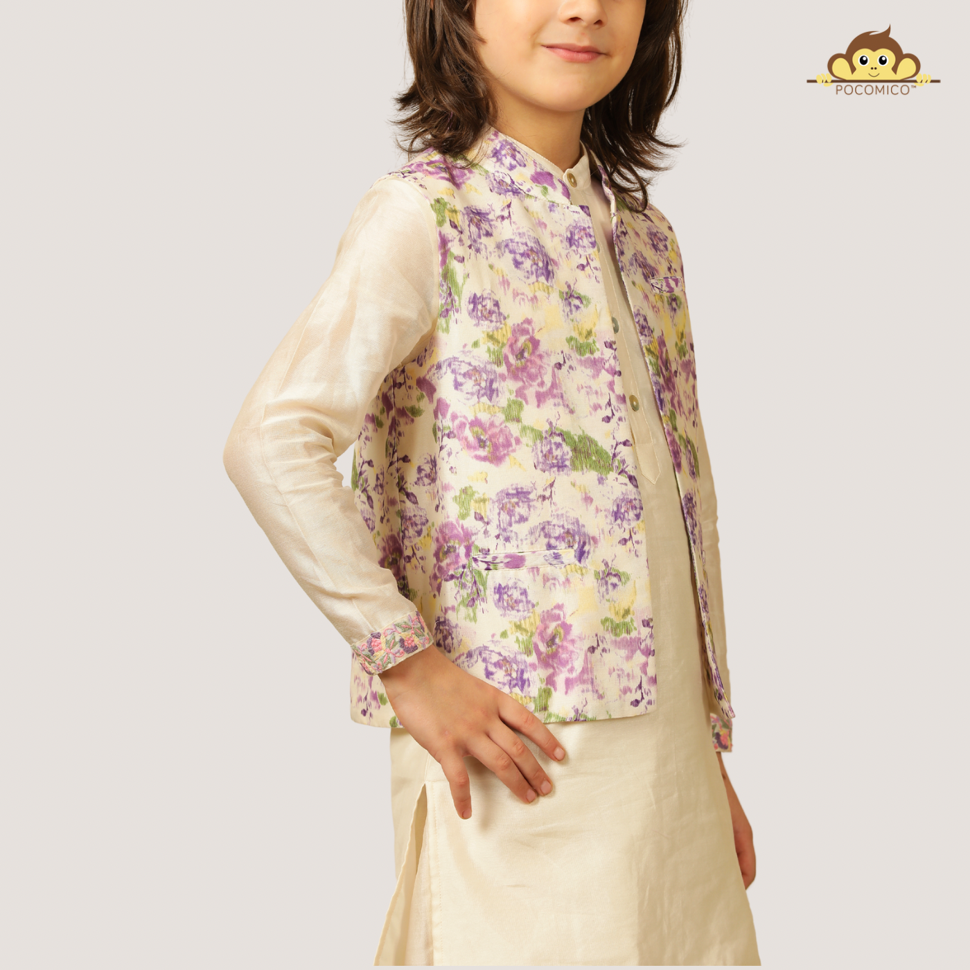 Elegant and festive, ivory chanderi kurta set for boys features delicate digital prints paired with matching embroidery on the sleeves