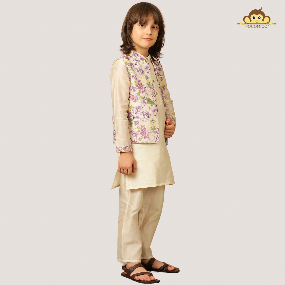 
                  
                    Elegant and festive, ivory chanderi kurta set for boys features delicate digital prints paired with matching embroidery on the sleeves
                  
                